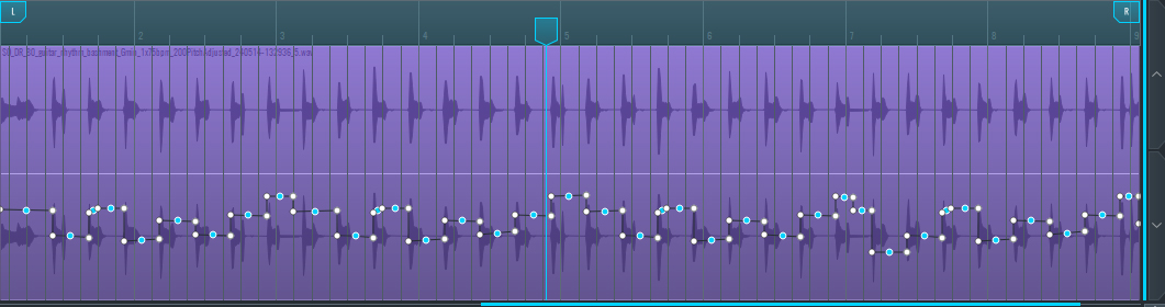 This is an image showing a close up view of the automation points added to the guitar track
