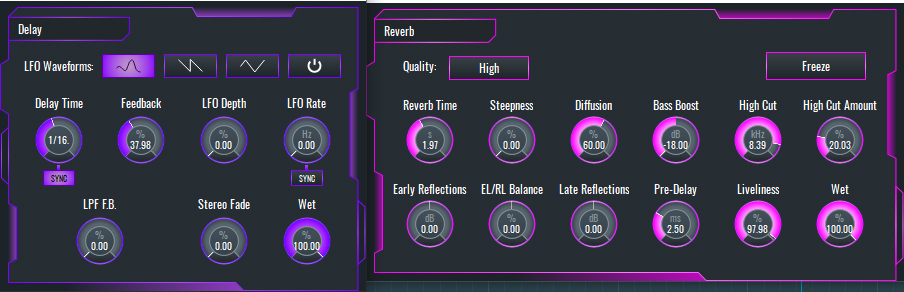 This is an image showing the parameters in the delay and reverb effects added to the tracks.