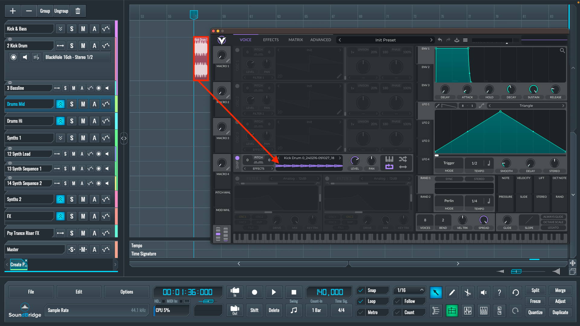 This is a screenshot of our mix with the kick drum pattern used to create the psytrance riser