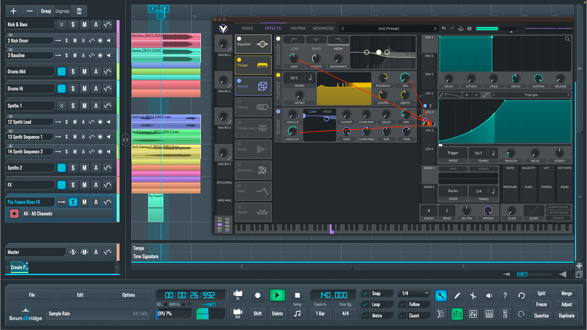 This is a screenshot of our mix and the effects modulation paths in Vital