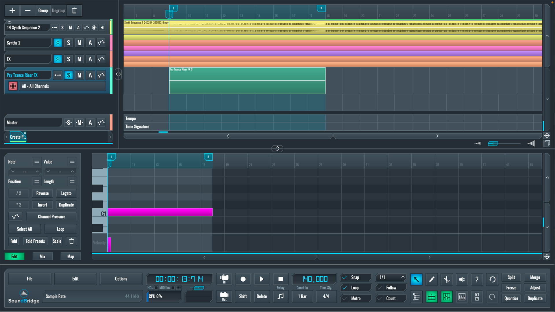 This is a screenshot of our mix and the MIDI editor of Vital's channel