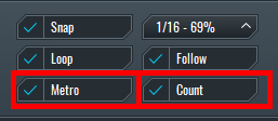 This is an image showing the Metro and Count options in SoundBridge's Transport Bar.