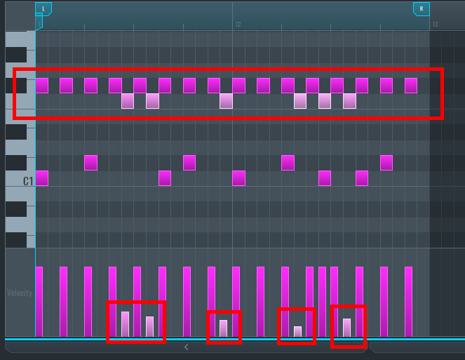 This is an image of the MIDI edit window, highlighting the hi-hat MIDI blocks.