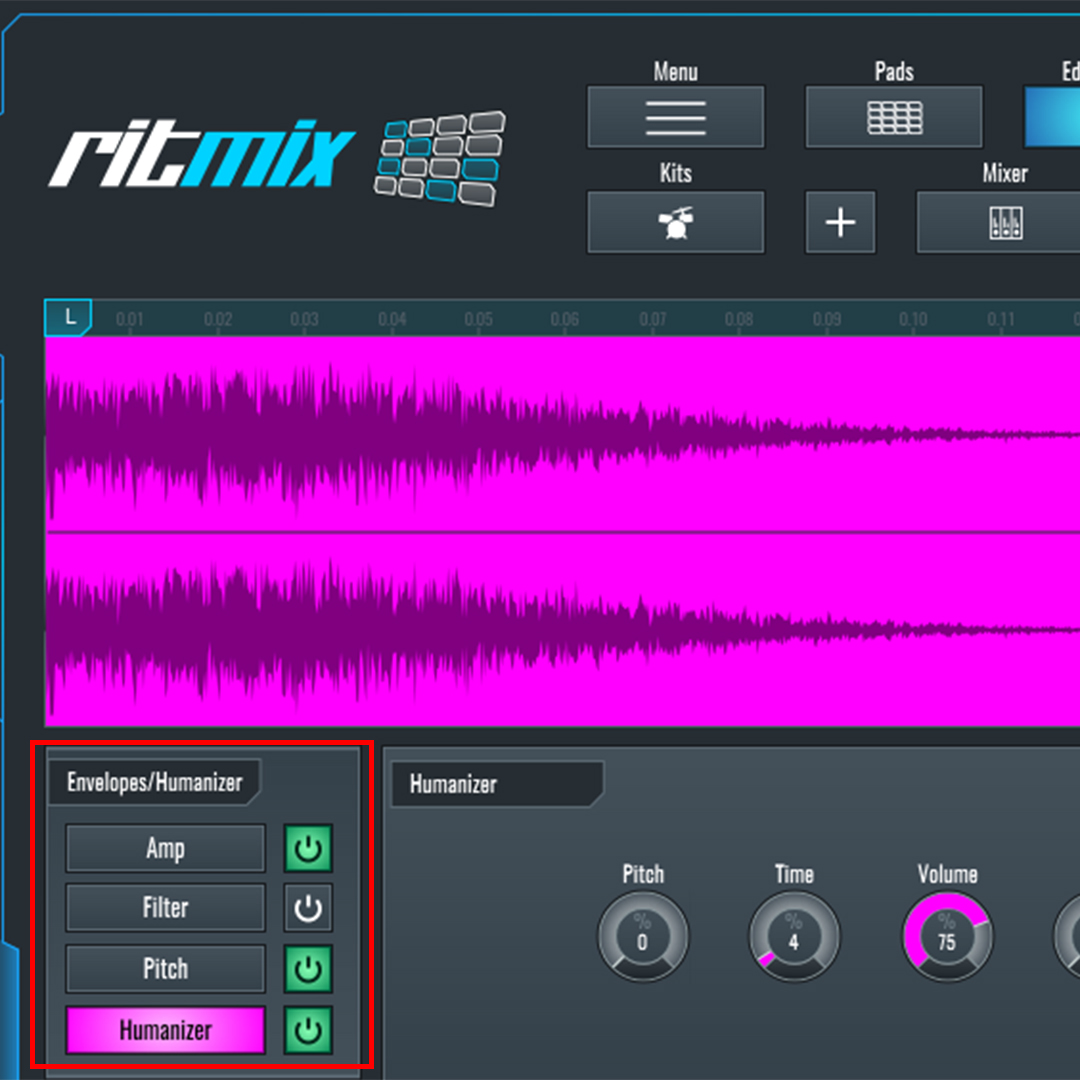 This is an image showing the Envelope Filter and Pitch settings in RitMix.
