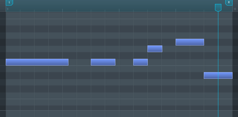 Image showing the selected MIDI notes of the bassline in the Edit Window of SoundBridge. 