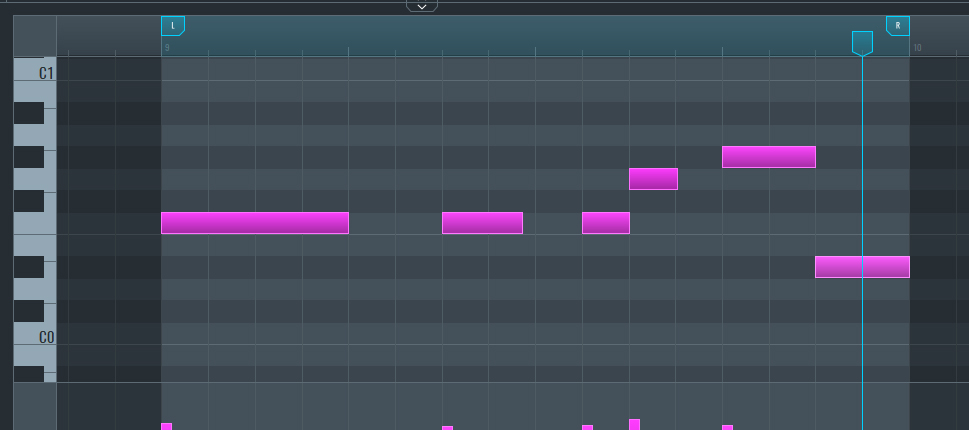 This is an image showing the MIDI notes of the bassline in the Edit Window of SoundBridge.