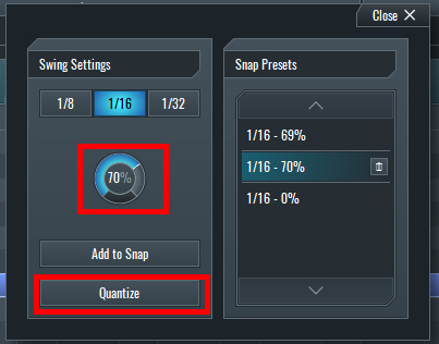 This image shows the settings of the Swing Tool and the Quantize button.