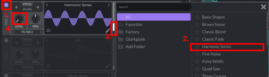 This image shows the Harmonic Series Waveform and other settings in Vital.