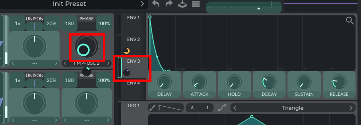 This image shows how to connect Envelope 3 to the FM amount knob in Vital.