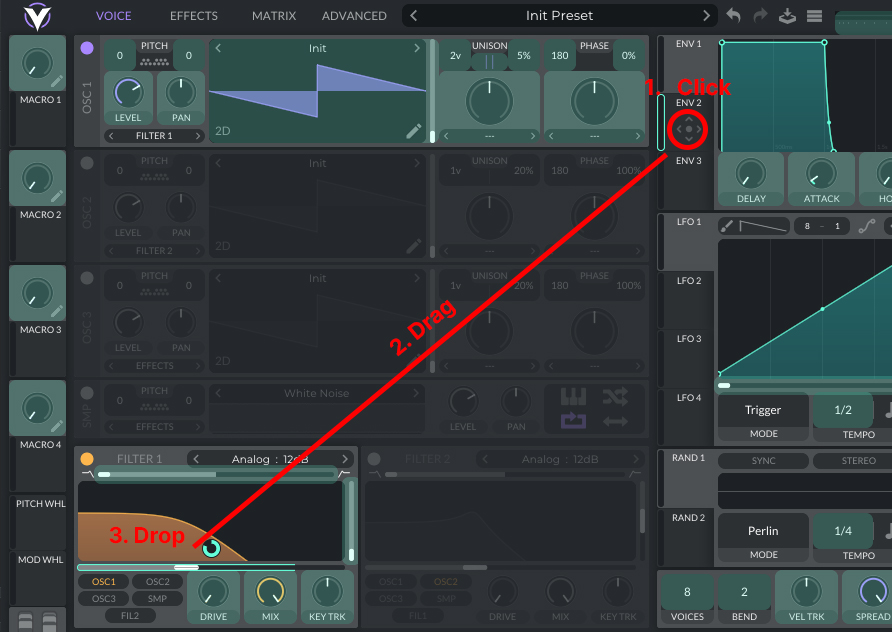 This image is showing the Envelope Filter 2 connected to the Filter's Cutoff in Vital.