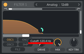Image showing the Cutoff position set to 120hz in Filter 1 on Vital.