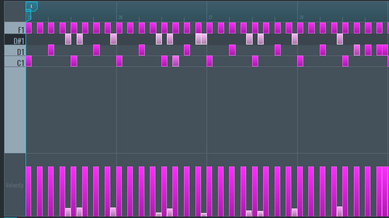 This is an image showing the drum pattern set up in the MIDI edit window.