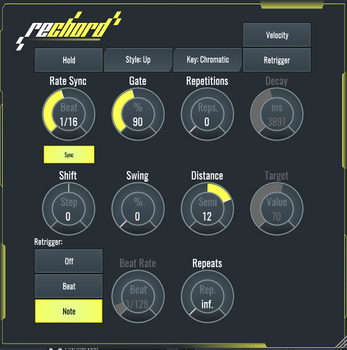 This is an image showing the settings used for the arpeggiator in reChord.