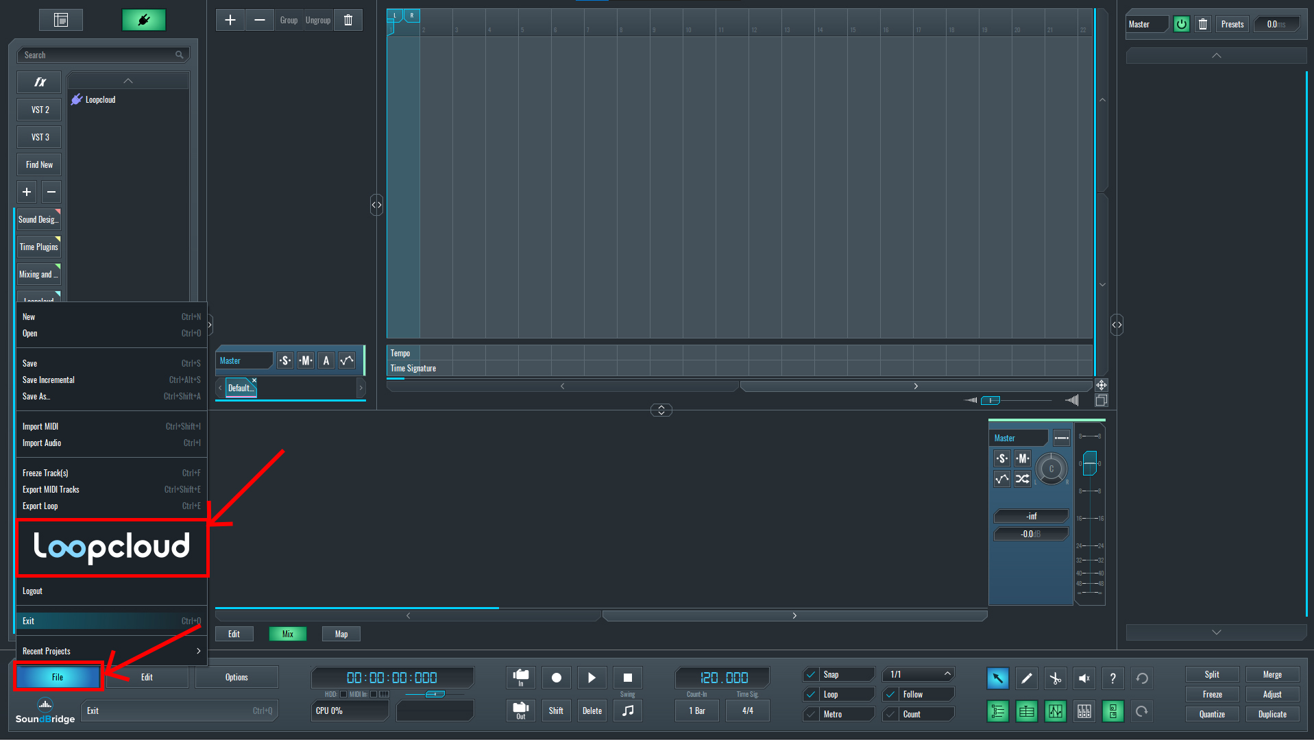 Image showing the location of Loopcloud in SoundBridge