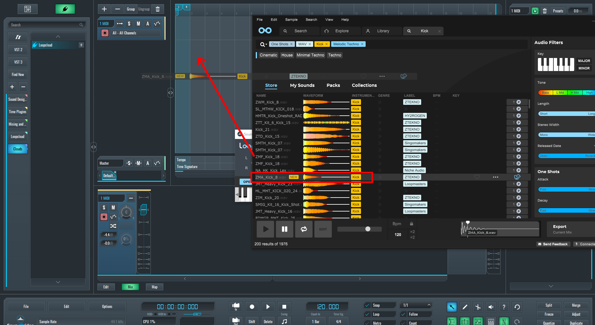 Image showing the steps to import a sample from loopcloud to SoundBridge
