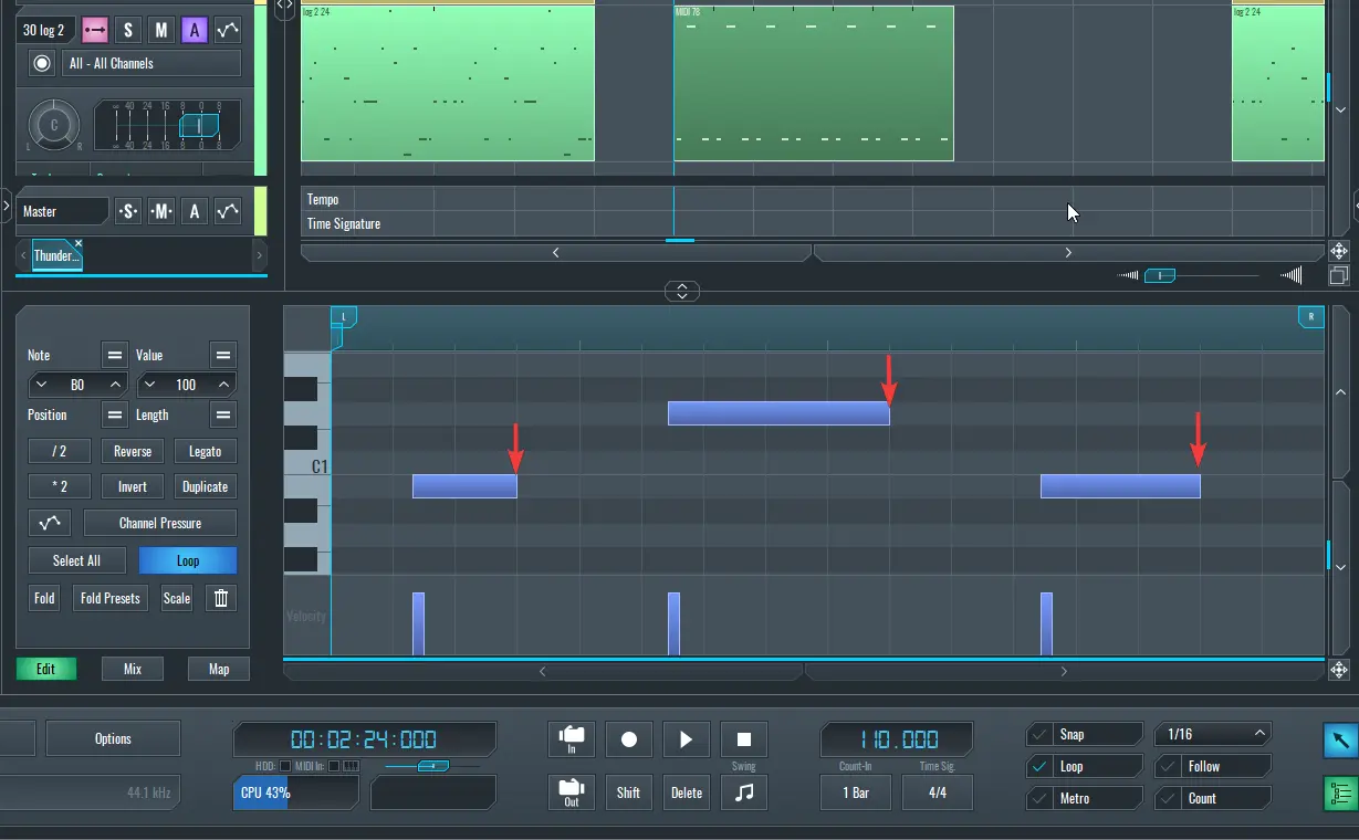 Image showing the MIDI notes after being adjusted to the nearest increment in the Beat Selector.