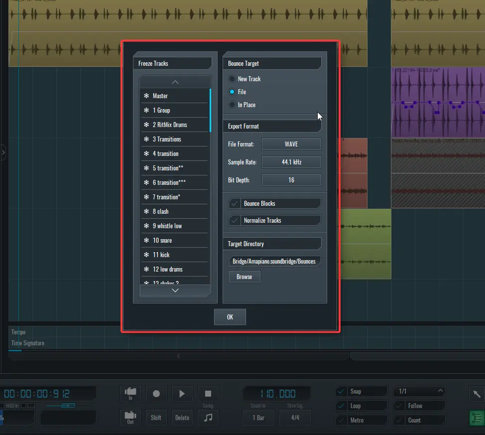 This is a screen capture showcasing the SoundBridge Freeze Menu