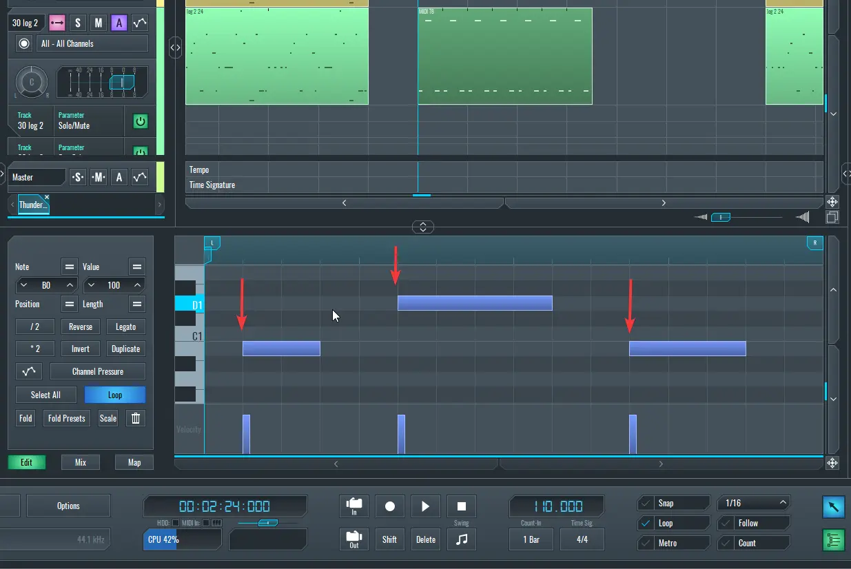 image of Midi notes after being Quantized into the nearest grid line