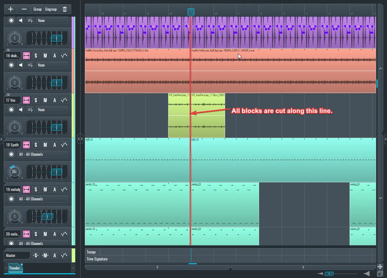 Image representing the use of Split to cut through blocks in SoundBridge
