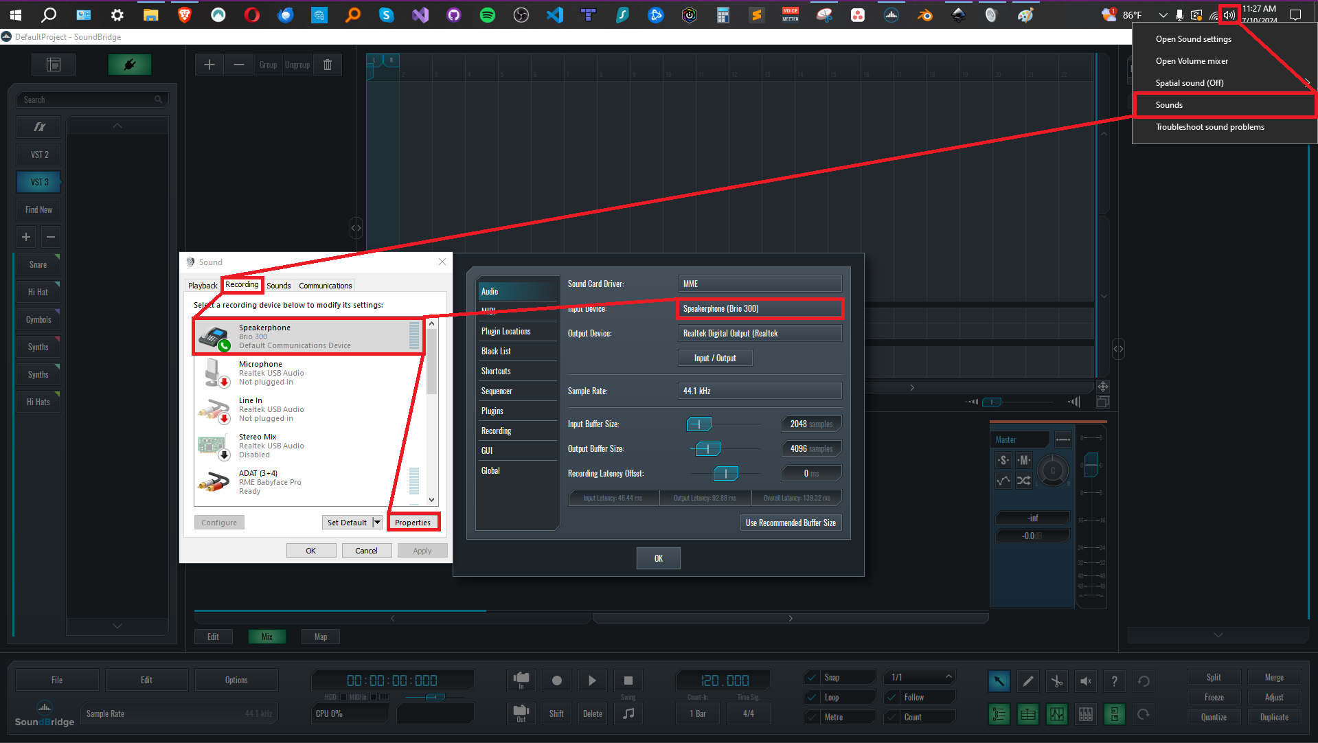 This is an image explaining how to find the correct Recording driver in the Windows Sounds Control Panel.