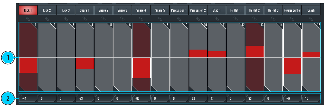 This image shows the 16 Step Sequencer in the Sequencer View of RitMix.