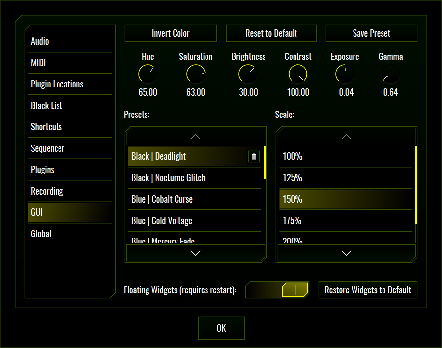 This image shows the GUI skin preset values for the Deadlight preset.