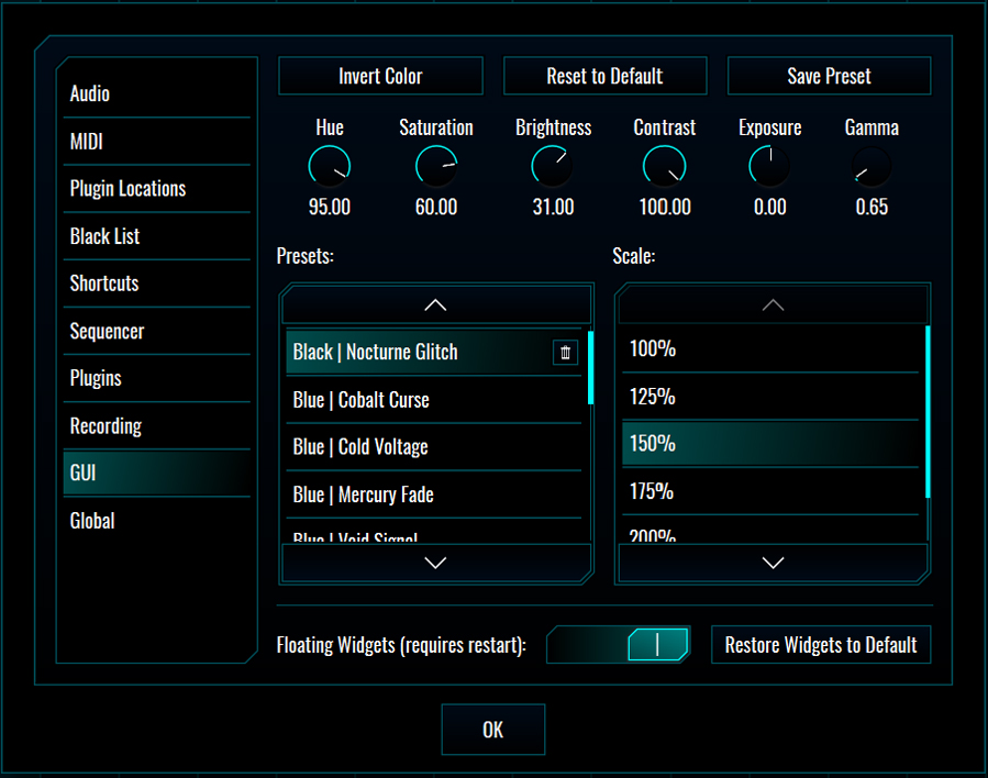 This image shows the GUI skin preset values for the Nocturne Glitch preset.