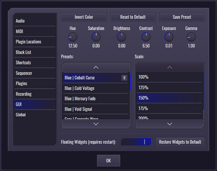 This image shows the GUI skin preset values for the Cobalt Curse preset.