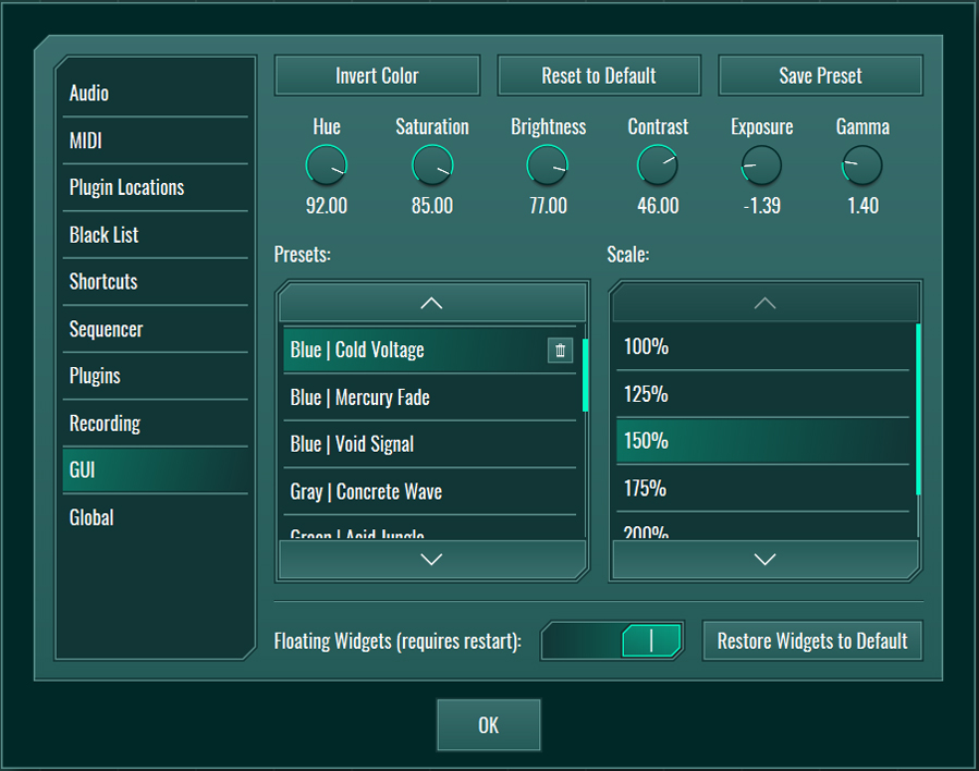 This image shows the GUI skin preset values for the Cold Voltage preset.