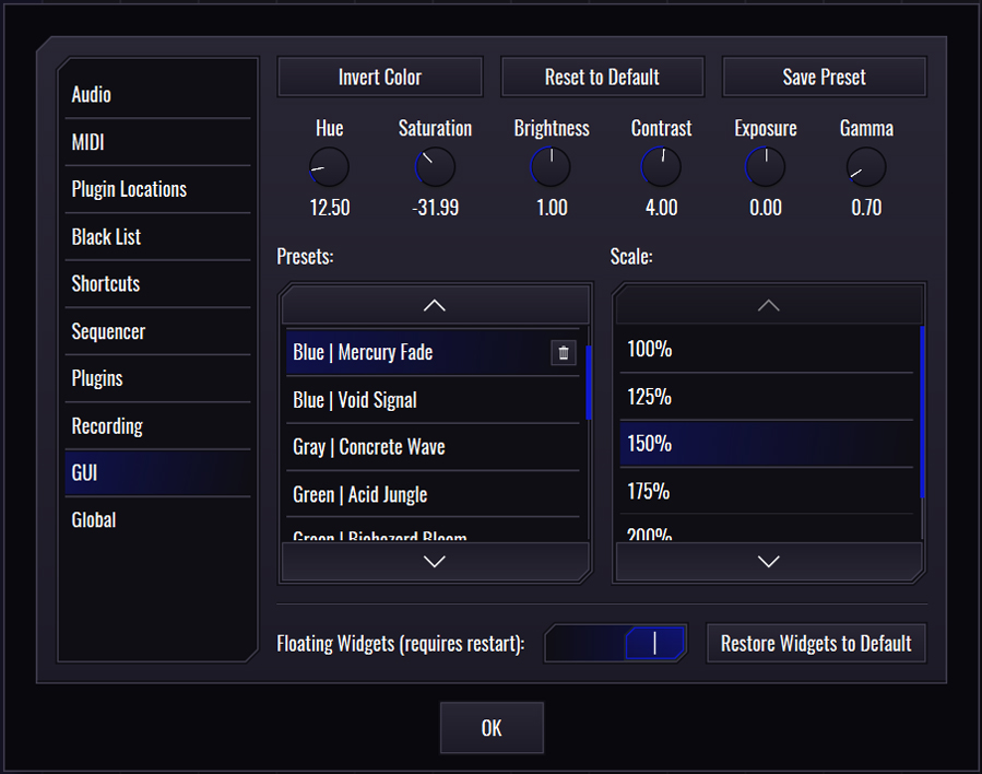 This image shows the GUI skin preset values for the Mercury Fade preset.