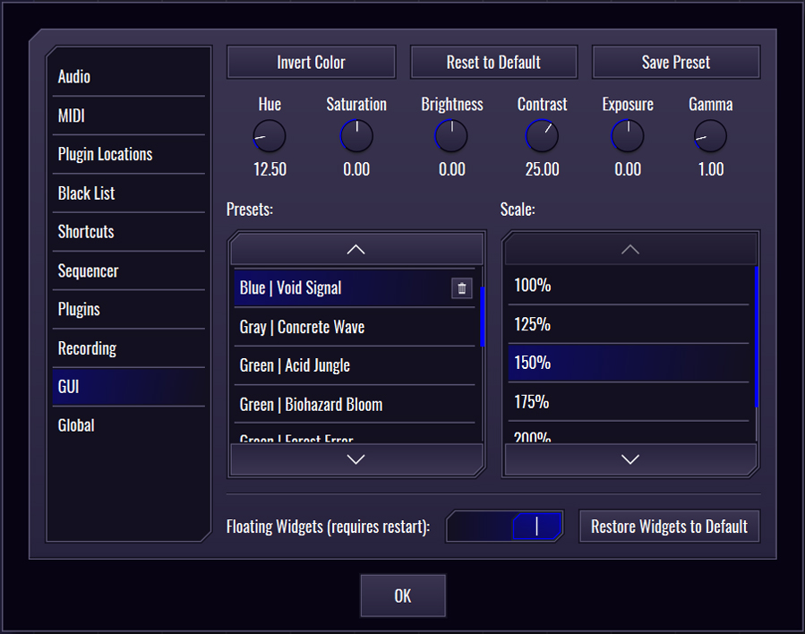This image shows the GUI skin preset values for the Void Signal preset.