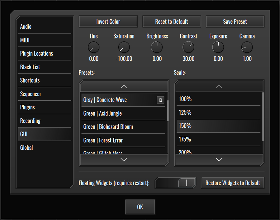 This image shows the GUI skin preset values for the Concrete Wave preset.