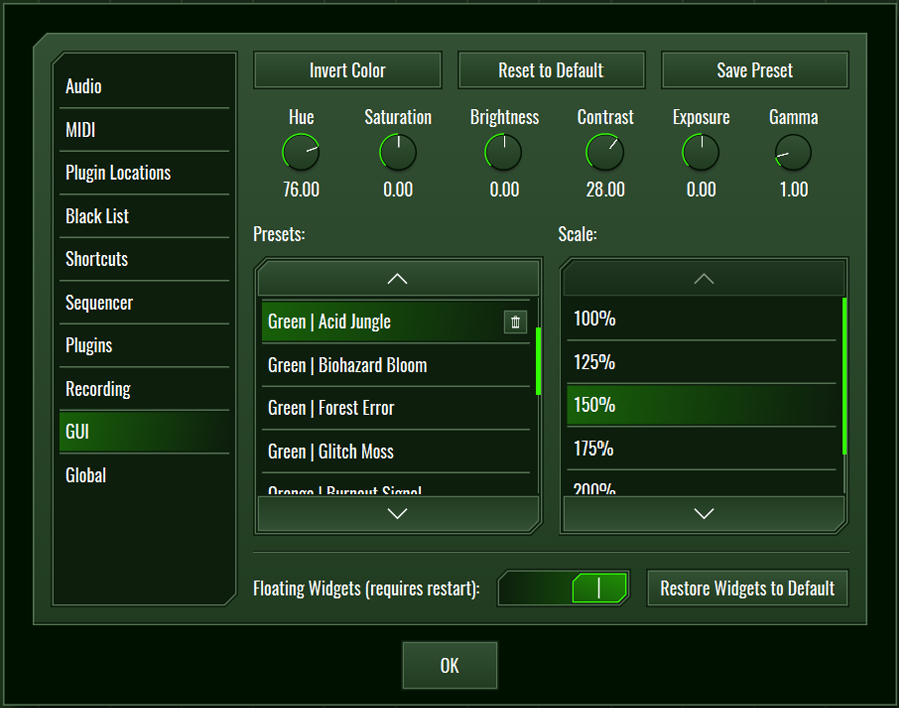 This image shows the GUI skin preset values for the Acid Jungle preset.