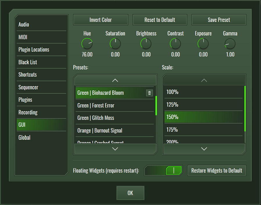 This image shows the GUI skin preset values for the Biohazard Bloom preset.