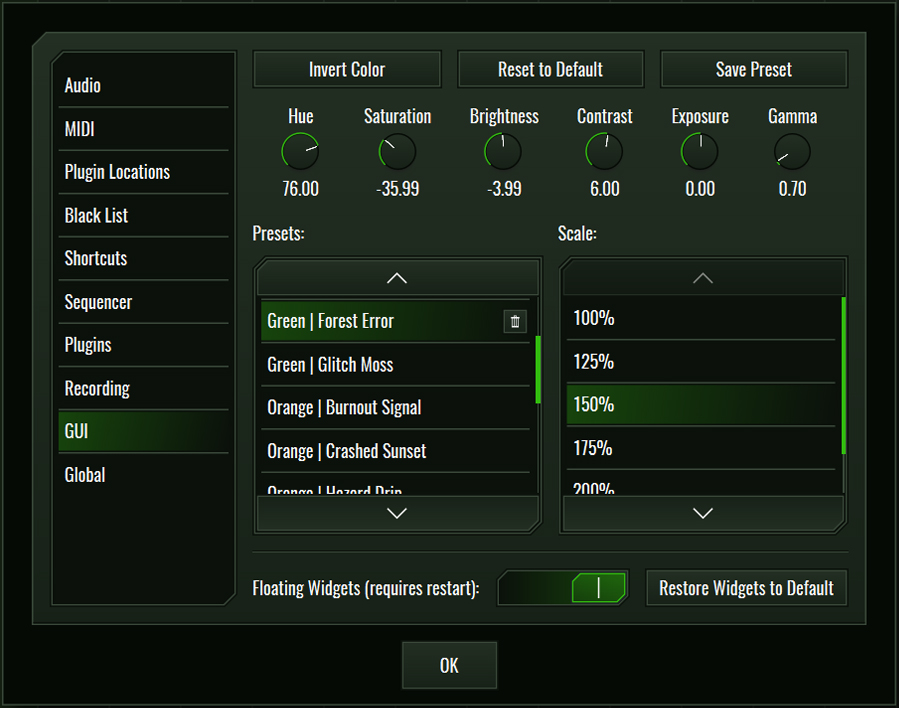 This image shows the GUI skin preset values for the Forest Error preset.