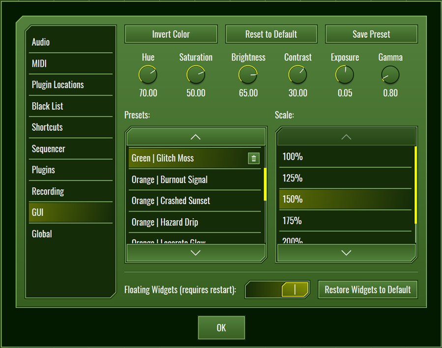 This image shows the GUI skin preset values for the Glitch Moss preset.