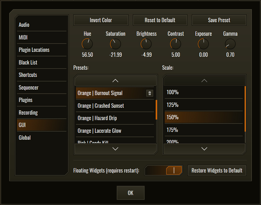 This image shows the GUI skin preset values for the Burnout Signal preset.