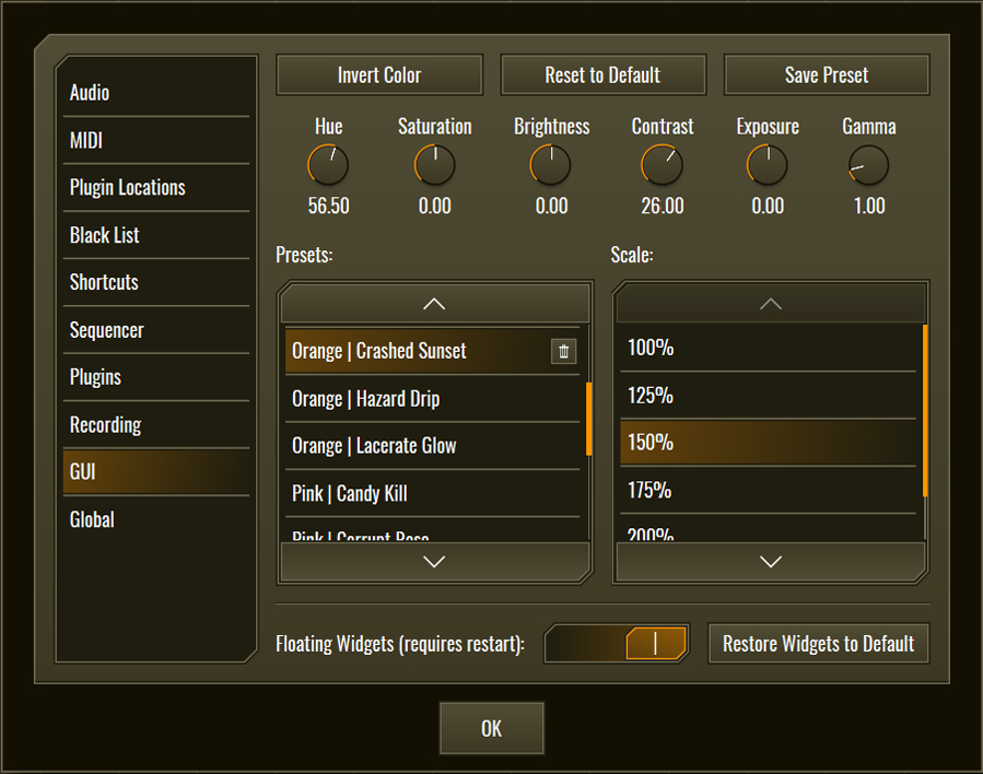 This image shows the GUI skin preset values for the Crashed Sunset preset.