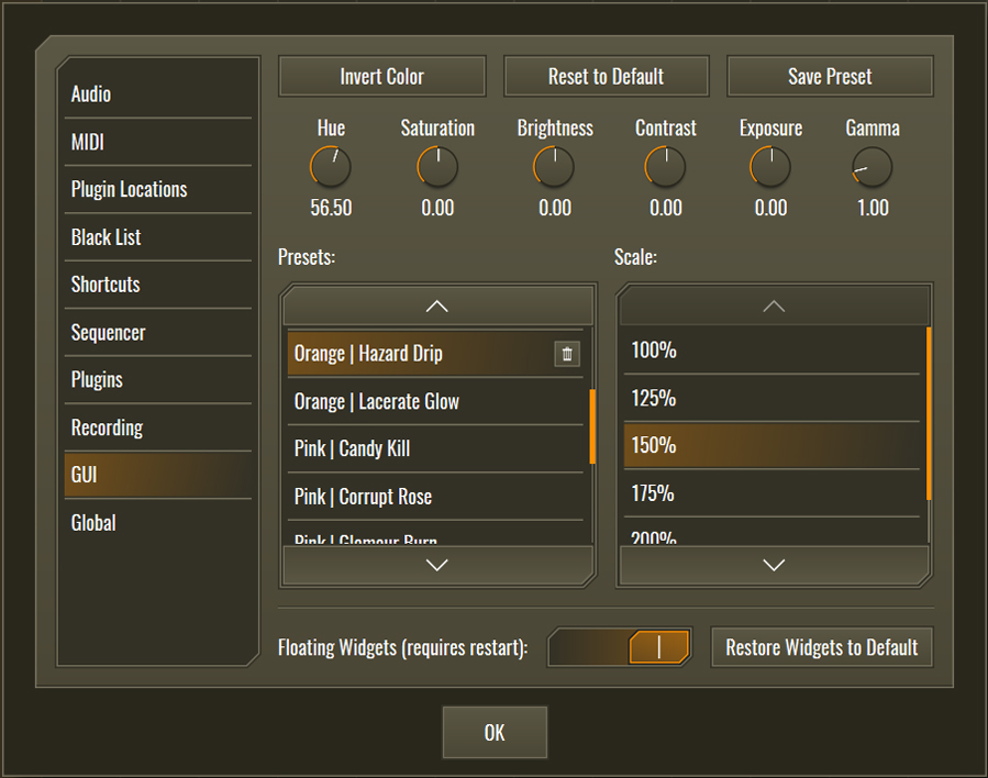 This image shows the GUI skin preset values for the Hazard Drip preset.