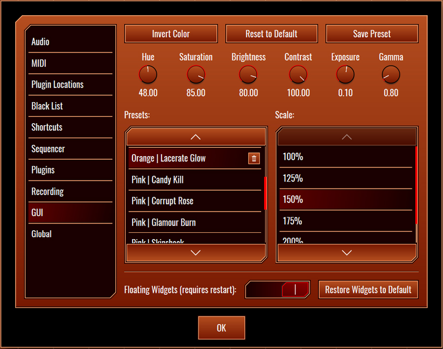 This image shows the GUI skin preset values for the Lacerate Glow preset.