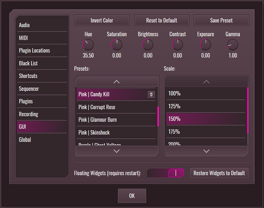 This image shows the GUI skin preset values for the Candy Kill preset.