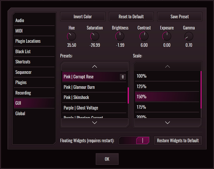 This image shows the GUI skin preset values for the Corrupt Rose preset.