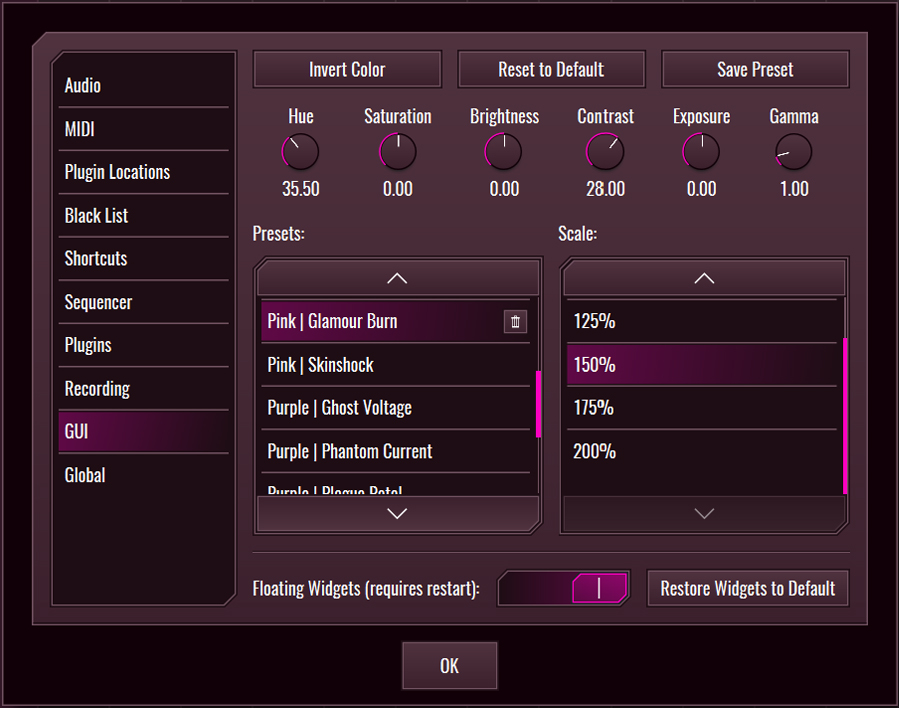 This image shows the GUI skin preset values for the Glamour Burn preset.
