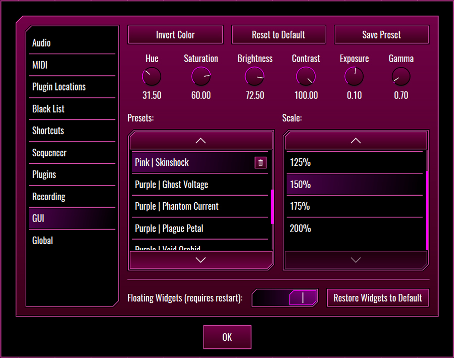 This image shows the GUI skin preset values for the Skinshock preset.
