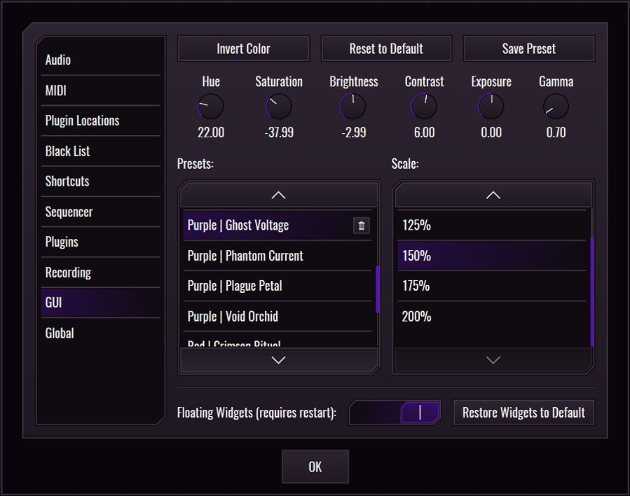This image shows the GUI skin preset values for the Ghost Voltage preset.