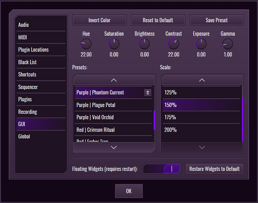 This image shows the GUI skin preset values for the Phantom Current preset.