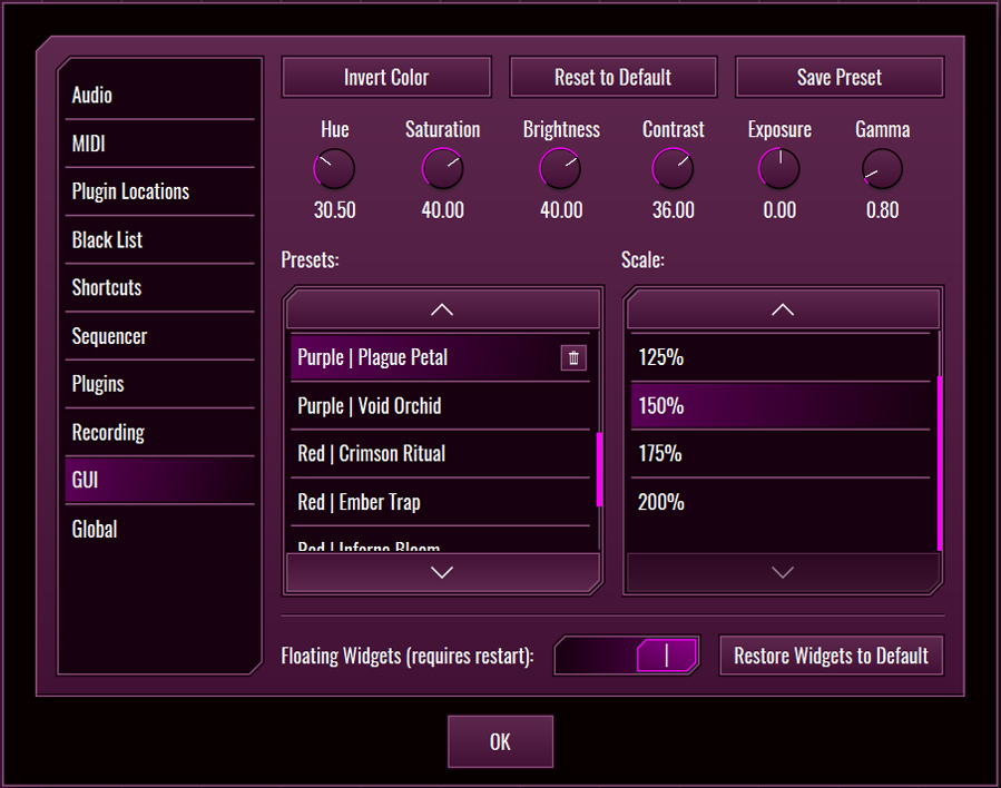 This image shows the GUI skin preset values for the Plague Petal preset.