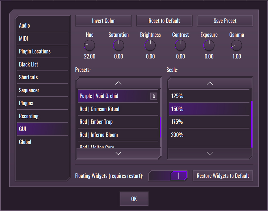 This image shows the GUI skin preset values for the Void Orchid preset.