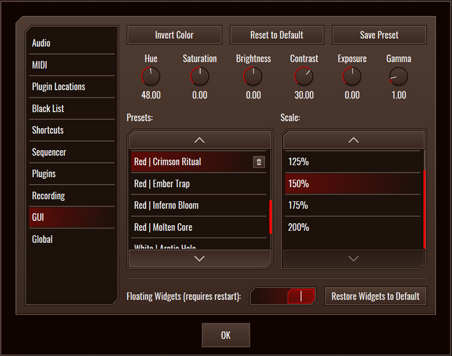 This image shows the GUI skin preset values for the Crimson Ritual preset.