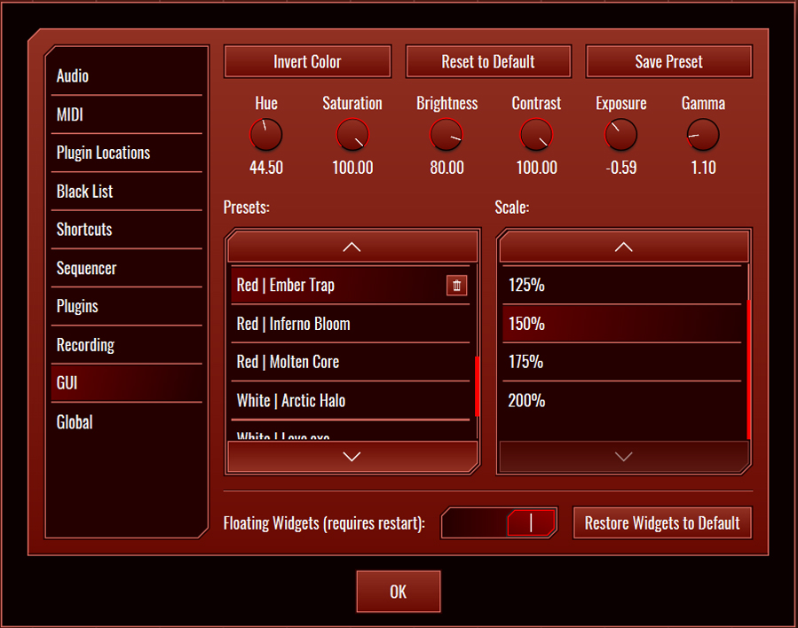 This image shows the GUI skin preset values for the Ember Trap preset.